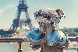 Adorable Weinerman Dog Boxing with Eiffel Tower View