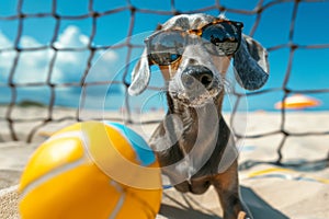 Adorable Weinerman Dog Playing Beach Volleyball