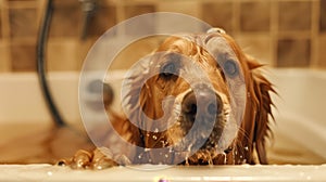 The wet dog in bathtub.AI generated image