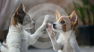 Adorable white and brown Chihuahua puppies with a group of dogs on grass