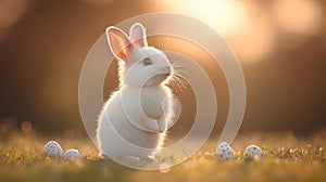 Adorable white bunny in sunset