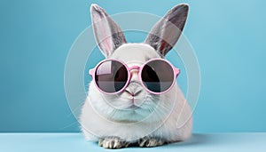 Adorable white bunny wearing sunglasses on vibrant solid backgroundStudio shot with copy space.