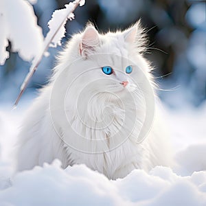 Cute picture of white cat with blue eyes and big tail, A cat as white as snow