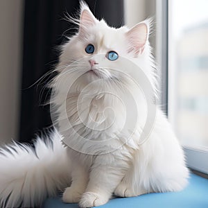 Cute picture of white cat with blue eyes and big tail, A cat as white as snow