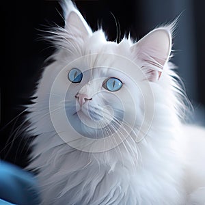 Cute picture of white cat with blue eyes and big tail, A cat as white as snow