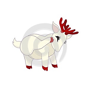 Adorable white deer with red hoofs and antlers is scratching on white isolated background, lined vector illustration in Cartoon st