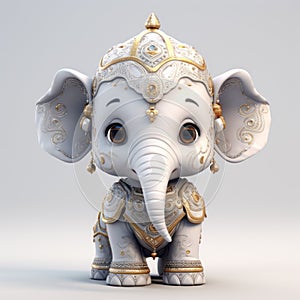 Adorable White Elephant With Gold Ornaments - Zbrush Style