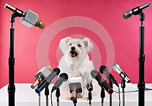Adorable white fluffy dog speaker holds press conference with set of different microphones over pink background