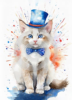 Adorable white fluffy kitten in a top hat and bow tie for the 4th of July holiday