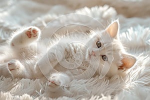 Adorable white kitten lounging on a fluffy blanket