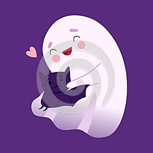 Adorable White Little Ghost Hugging Bat, Cute Halloween Spooky Character Vector Illustration