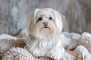 Adorable White Maltese Dog Lounging on Soft Fluffy Blanket, Cute Canine Pet with Expressive Eyes in Home Setting