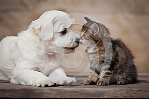 Adorable white puppy and tabby kitten cuddle together on wooden surface