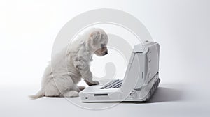 Adorable White Puppy Trying To Use A Computer