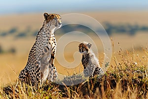 Adorable wildlife cheetah family, mother with cheetah cub in savanna grassland. generative ai