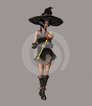 Fantasy Witch Character Holding Magical Wand In Dark Costume