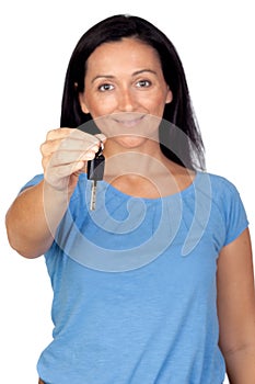 Adorable woman providing a key