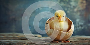Adorable Yellow Chick Emerges From Its Shell, Symbolizing Easter Joyfulness, Copy Space photo