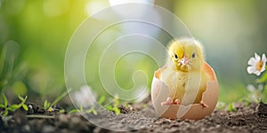 Adorable Yellow Chick Emerges From Its Shell, Symbolizing Easter Joyfulness photo