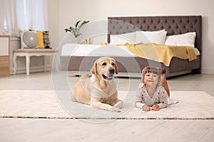 Adorable yellow labrador retriever and little girl