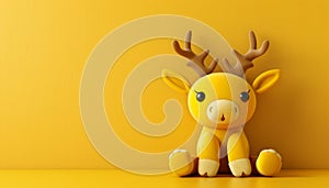 Adorable Yellow Plush Reindeer with Brown Antlers on Bright Yellow Background Cute and Cuddly Toy for Children and Collectors, photo