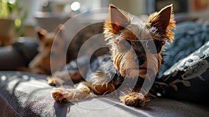 adorable yorkie terrier lying on a sofa with sunglasses