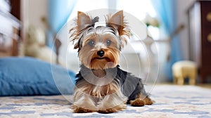Adorable Yorkshire Terrier resting on a white carpet in the living room, Ai Generated