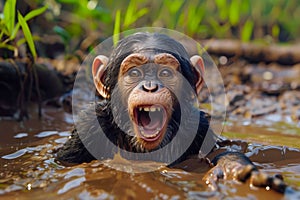 Adorable Young Chimpanzee Playing in Mud with Expressive Face in Natural Habitat