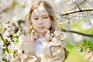 Adorable young girl in blooming cherry tree garden on beautiful spring day. Cute child picking fresh cherry tree flowers at spring