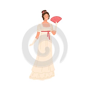 Adorable young girl in retro style dress posing with fan vector flat illustration. Trendy woman wearing clothing of 18th