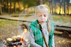 Adorable young girl roasting marshmallows on stick at bonfire. Child having fun at camp fire. Camping with children in fall forest