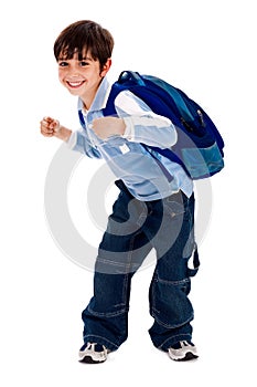 Adorable young kid holding his school bag