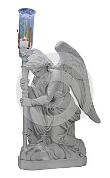 Adoring kneeling praying  angle statue with lamp isolated looking left