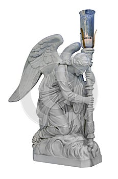 Adoring kneeling praying  angle statue with lamp isolated looking right