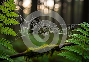 Adorned with dewdrops glistens in a forest setting, suspended between