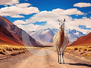Adorned llama and winding road