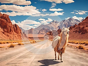 Adorned llama and winding road