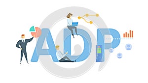 ADP, Automated Data Processing. Concept with keyword, people and icons. Flat vector illustration. Isolated on white.