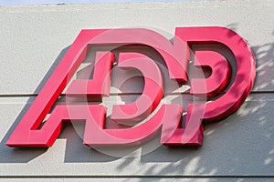 ADP sign, logo on headquarters. Automatic Data Processing Inc.is an American provider of human resources management software and