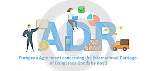 ADR, European Agreement concerning the International Carriage of Dangerous Goods by Road. Concept with keywords, letters