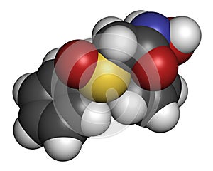 Adrafinil drug molecule withdrawn. 3D rendering. Atoms are represented as spheres with conventional color coding: hydrogen .