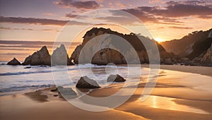 Adraga beach near Sintra photographed at sunset