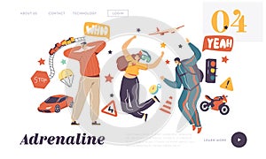 Adrenaline Activity and Sport Recreation Landing Page Template. Characters Extreme Spare Time. Skydiving, Racing on Car