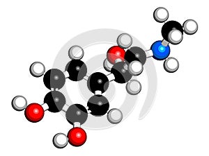 Adrenaline adrenalin, epinephrine neurotransmitter molecule. Used as drug in treatment of anaphylaxis 3D rendering. Atoms are.