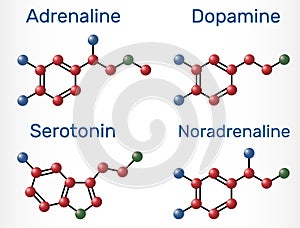 Adrenaline epinephrine, dopamine  DA, serotonin, norepinephrine noradrenaline molecules. Monoamine neurotransmitters,