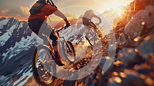 Adrenaline-Fueled Mountain Biking on a Rugged Alpine Trail at Sunset. Generative ai