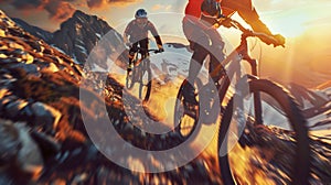 Adrenaline-Fueled Mountain Biking on a Rugged Alpine Trail at Sunset. Generative ai photo