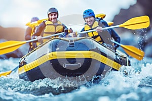 Adrenaline fueled teamwork conquers mountain river rapids in thrilling rafting adventure photo