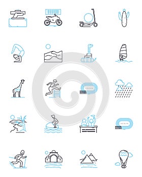 Adrenaline-fueled travel linear icons set. Thrill, Adventure, Excitement, Risk, Adrenaline, Rush, Intensity line vector