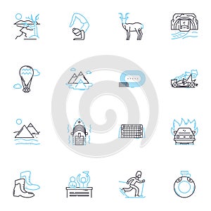 Adrenaline-fueled travel linear icons set. Thrill, Adventure, Excitement, Risk, Adrenaline, Rush, Intensity line vector